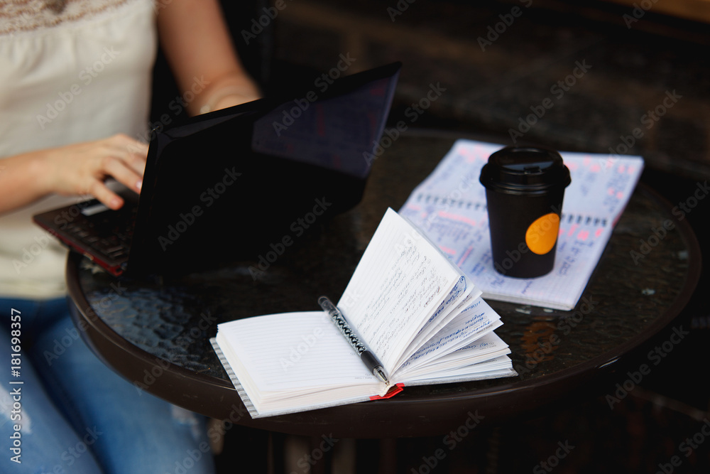 Obraz premium Female hands typing on a laptop. Woman freelancer writing outdoors.