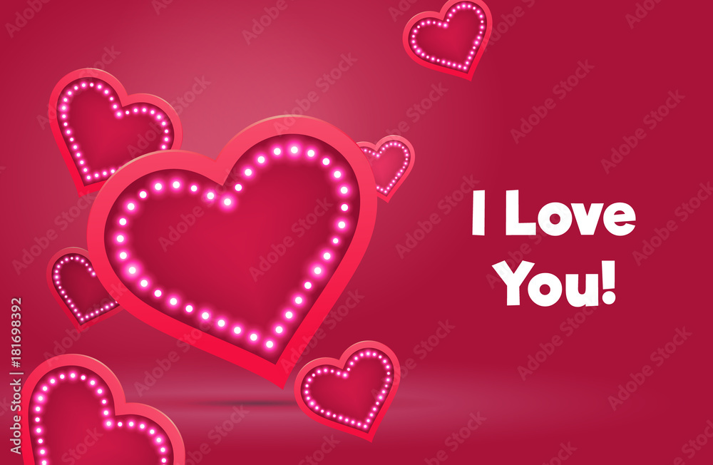 Heart icons like social network are falling down. Led heart on pink background. I love you! Happy valentine card!