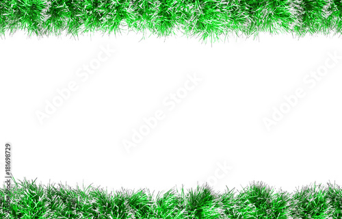 Seamless Christmas green silver tinsel frame. Isolated on a white background.