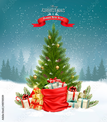 Christmas holiday background with a tree and a colorful gift boxes. Vector