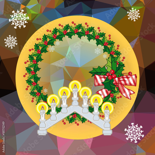 Holiday background with Christmas garland and candlestick.