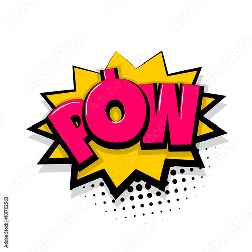 Pow gun bang shot. Comic text speech bubble balloon. Pop art style wow banner message. Comics book font sound phrase template. Halftone dot vector illustration funny colored design.