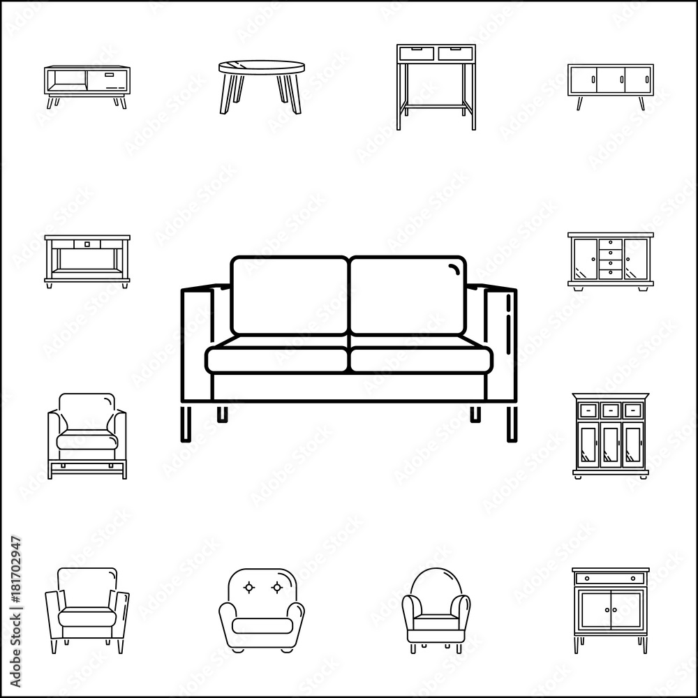 sofa icon. Set of household accessories icons. Signs, outline furniture collection, simple thin line icons for websites, web design, mobile app, info graphics