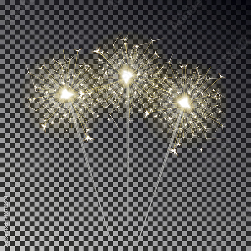 Sparkler set isolated on transparent background. Realistic transparent light effect. Festive sparkler decoration element for Birthday, Christmas, Party. Vector illustration.