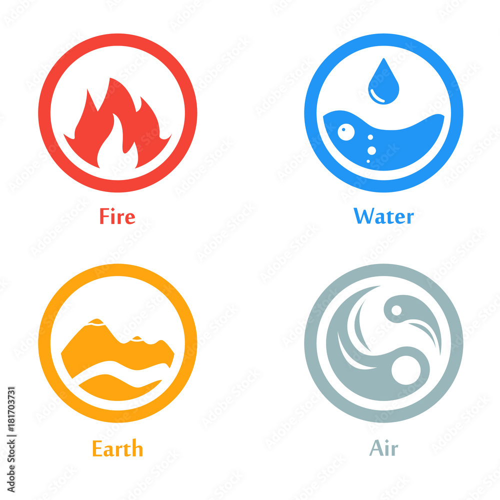 Vector illustration of four elements icons, round icons symbols. Logo template. Wind, fire, water, earth symbol. Pictograph.