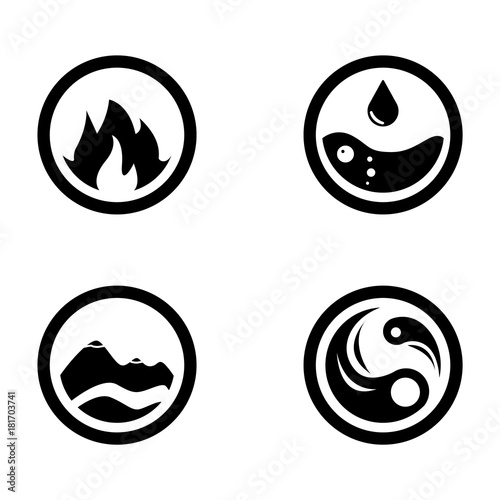 Vector illustration of four elements icons, round icons symbols. Logo template. Wind, fire, water, earth symbol. Pictograph.