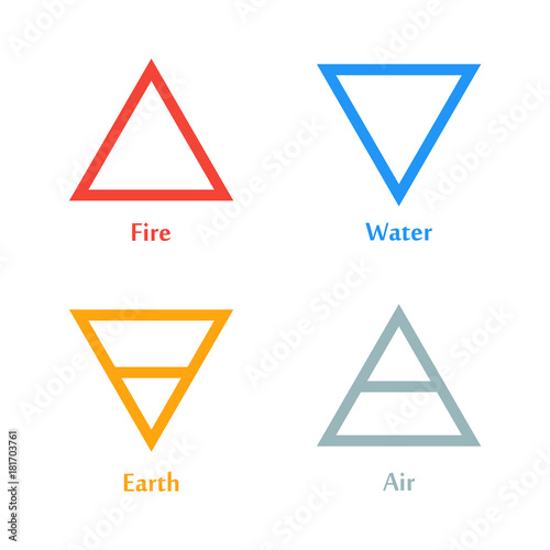 Vector illustration of four elements icons, triangle icons symbols. Logo template. Wind, fire, water, earth symbol. Pictograph.