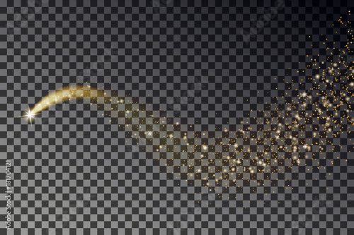 Golden sparkling falling star. Vector stardust trail. Glittering wave magic light effect.