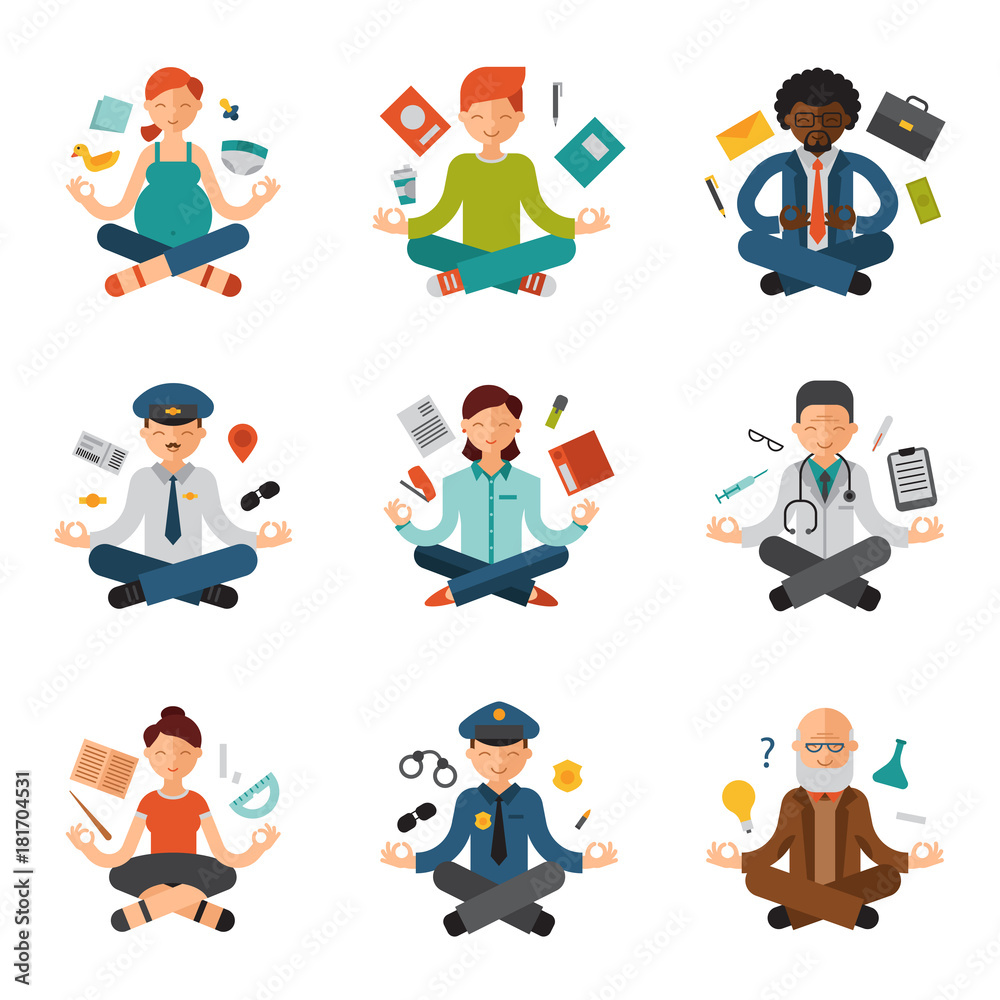 Meditation yoga vector people relax procedure different professions policeman, doctor, businessman and pilot relaxation lotus pose sitting meditative characters illustration Meditation yoga vector people relax procedure different professions policeman, doctor, businessman and pilot relaxation lotus pose sitting meditative characters illustration