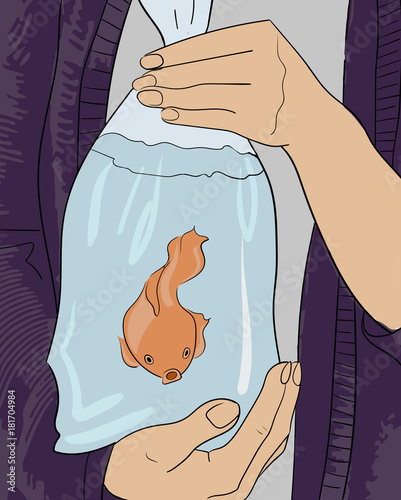 Vector drawing. Hands holding plastis bag with goldfish inside. photo