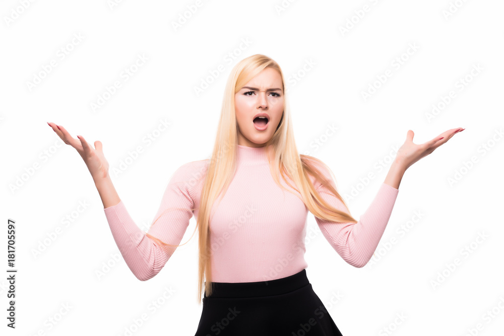 Fototapeta premium blonde girl throws up his hands studio photo isolated on a gray background