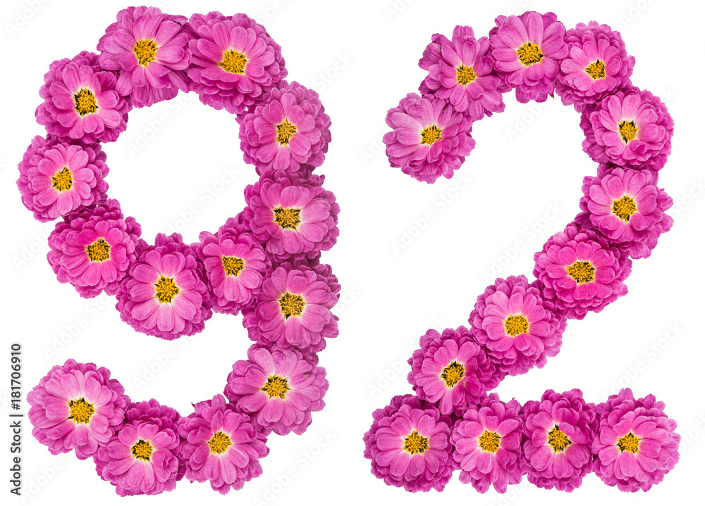 Arabic numeral 92, ninety two, from flowers of chrysanthemum, isolated on white background