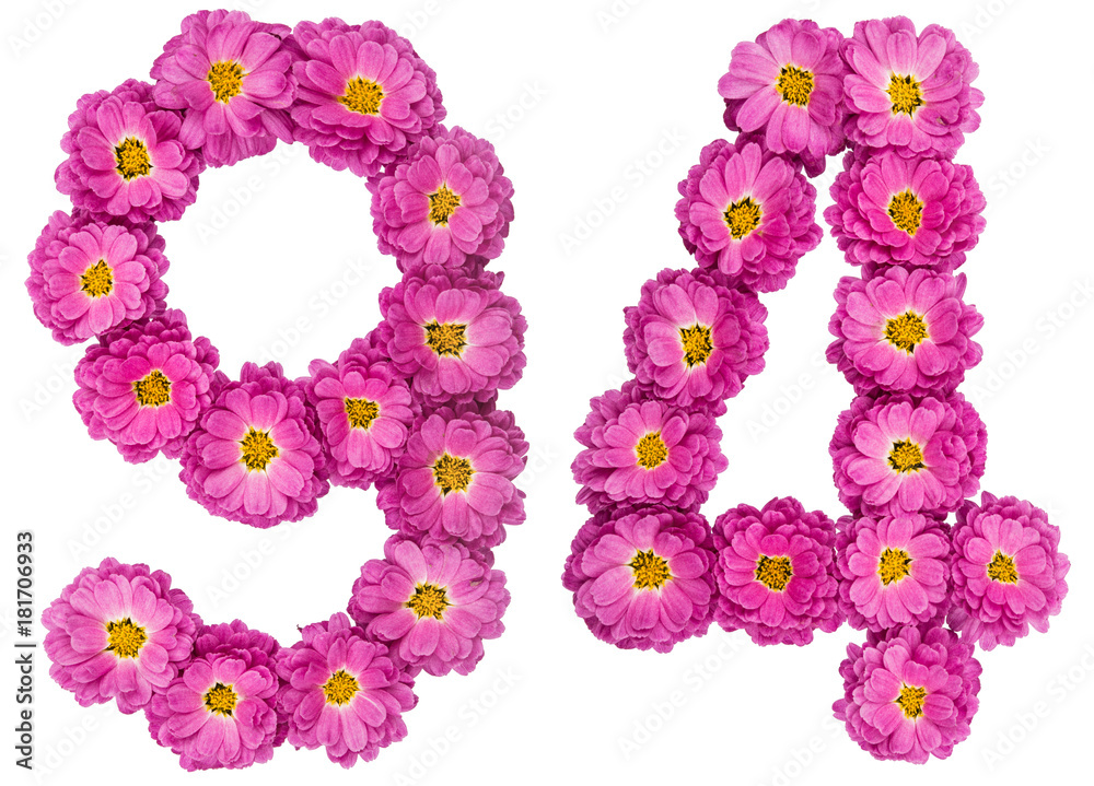 Arabic numeral 94, ninety four, from flowers of chrysanthemum, isolated on white background