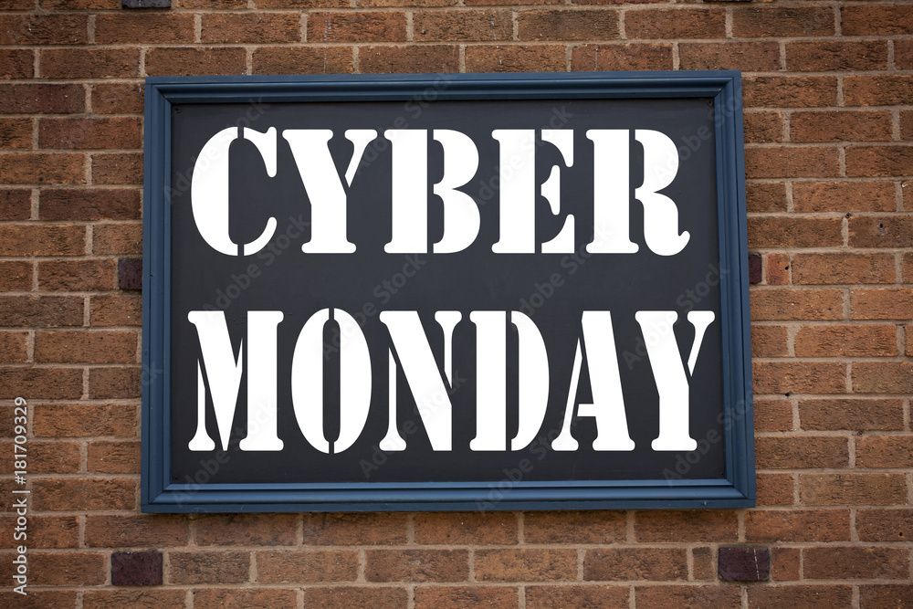 Conceptual hand writing text caption inspiration showing announcement Cyber Monday. Business concept for Retail Shop Discount written on frame old brick background with copy space Conceptual hand writing text caption inspiration showing announcement Cyber Monday. Business concept for Retail Shop Discount written on frame old brick background with copy space