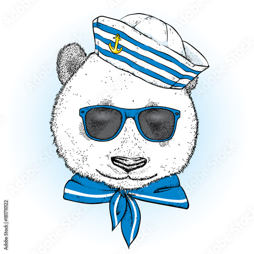 Fototapeta Naklejka Na Ścianę i Meble -  A beautiful panda in sailor clothes. Vector illustration. Animal in clothes and accessories. A sailor in a cap and tie.