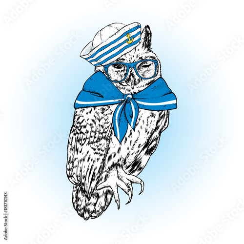 Beautiful owl in sailor clothes. Vector illustration. Bird in clothes and accessories. A sailor in a cap and tie.
