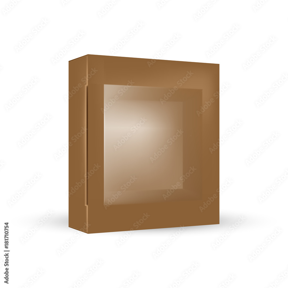 VECTOR PACKAGING: Brown package square box with front window on isolated white background. Mock-up template ready for design VECTOR PACKAGING: Brown package square box with front window on isolated white background. Mock-up template ready for design