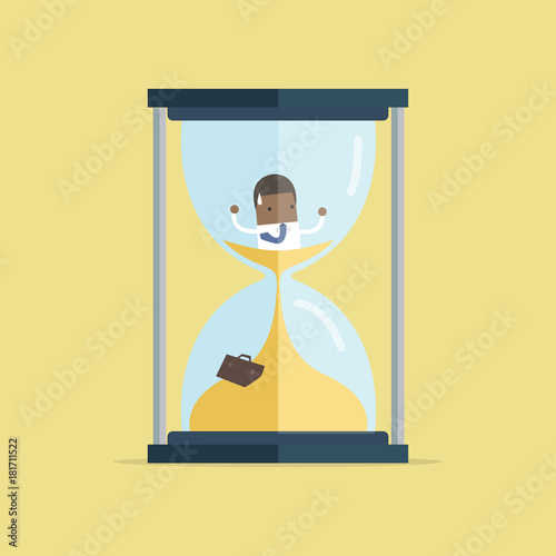 African businessman be trapped in hourglass and sinking in sand. Expired deadline, business time management, time is running out themes design. vector