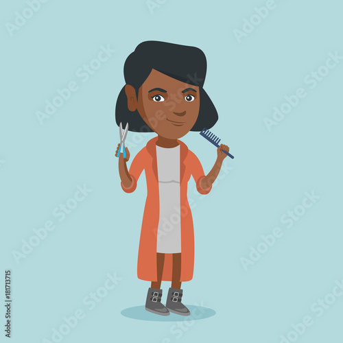 Full length of smiling african-american hairdresser holding a comb and scissors in hands. Young professional hairdresser ready to do a haircut. Vector cartoon illustration. Square layout.