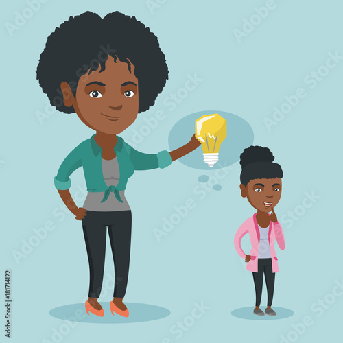African-american business woman giving idea lightbulb to her partner. Young woman holding idea lightbulb over head of her collegue. Business idea concept. Vector cartoon illustration. Square layout.