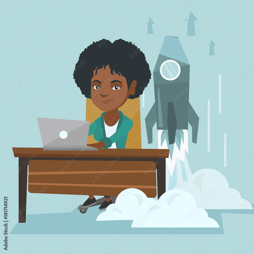 Young african business woman working on a laptop on a new business start up while rocket taking off behind her back. Business start up, innovation concept. Vector cartoon illustration. Square layout. Young african business woman working on a laptop on a new business start up while rocket taking off behind her back. Business start up, innovation concept. Vector cartoon illustration. Square layout.