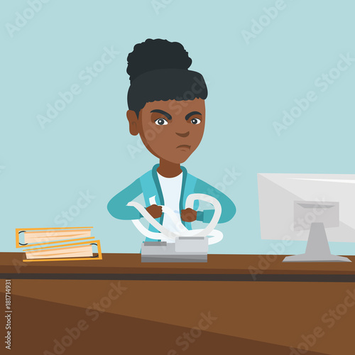 Annoyed african-american accountant sitting in office and tearing furiously bills or invoices. Young angry accountant calculating bills. Vector cartoon illustration. Square layout.