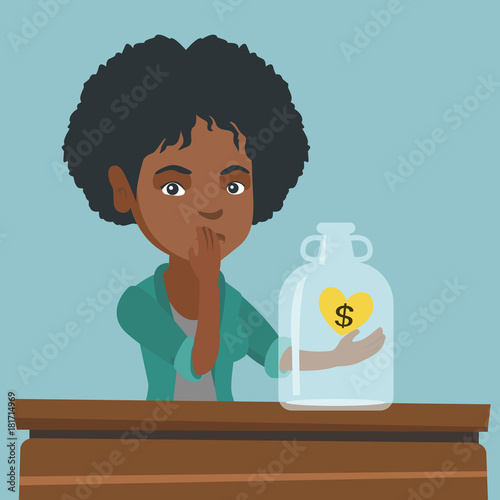 African worried broke woman looking at empty money box. Desperate broke woman sitting at the table with empty money box. Bankruptcy and insolvency concept. Vector cartoon illustration. Square layout.
