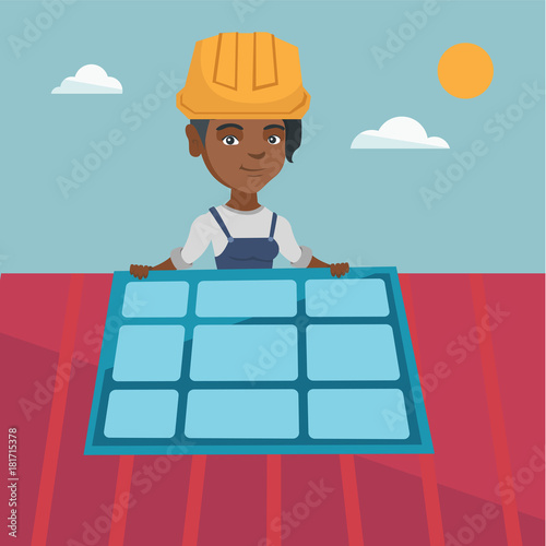Young african-american engineer installing solar panels on the roof. Engineer in hard hat checking solar panel on the roof. Engineer adjusting solar panel. Vector cartoon illustration. Square layout.