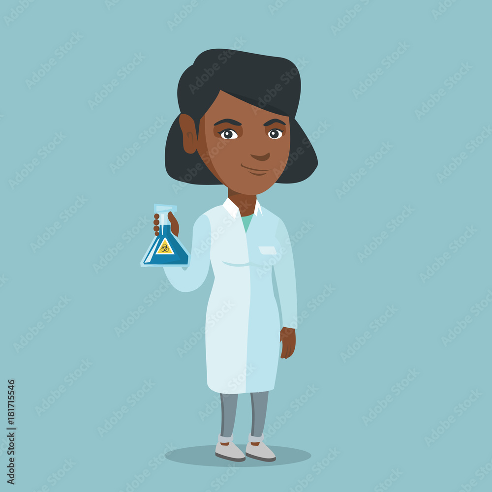 Young african-american laboratory assistant holding a flask with biohazard sign. Laboratory assistant in medical gown showing a flask with biohazard sign. Vector cartoon illustration. Square layout. Young african-american laboratory assistant holding a flask with biohazard sign. Laboratory assistant in medical gown showing a flask with biohazard sign. Vector cartoon illustration. Square layout.