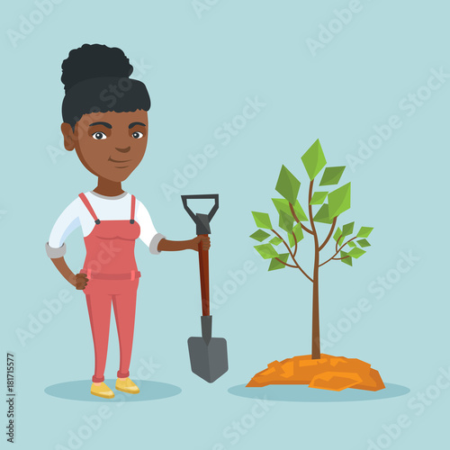 Young smiling african-american woman planting a tree. Cheerful woman standing with shovel near newly planted tree. Concept of environmental protection. Vector cartoon illustration. Square layout.