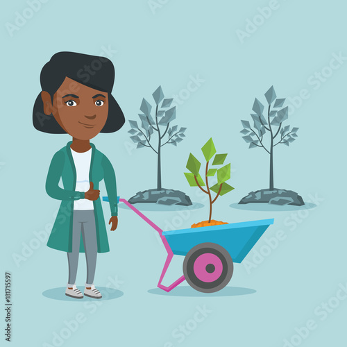 African gardener standing with wheelbarrow on the background of newly planted trees. Young gardener pushing wheelbarrow with tree and giving thumb up. Vector cartoon illustration. Square layout.