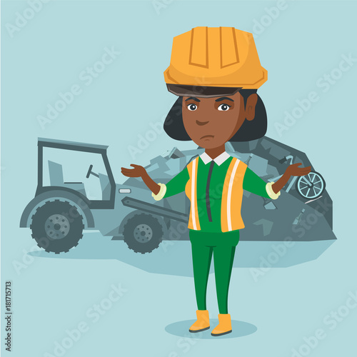 Young african worker of rubbish dump in hard hat standing with spread arms. Disappointed woman standing on the background of rubbish dump and bulldozer. Vector cartoon illustration. Square layout. © Visual Generation