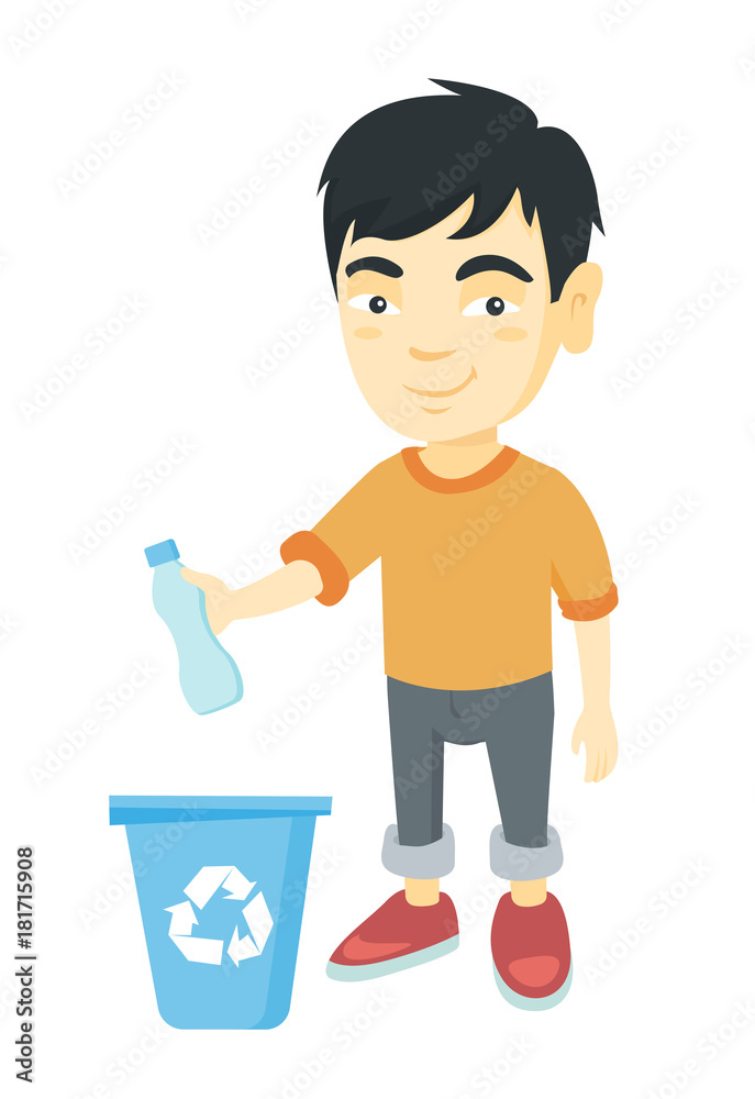 Eco-friendly asian boy throwing plastic bottle in recycle bin. Full length of little boy throwing plastic waste in recycling bin. Vector sketch cartoon illustration isolated on white background. Eco-friendly asian boy throwing plastic bottle in recycle bin. Full length of little boy throwing plastic waste in recycling bin. Vector sketch cartoon illustration isolated on white background.