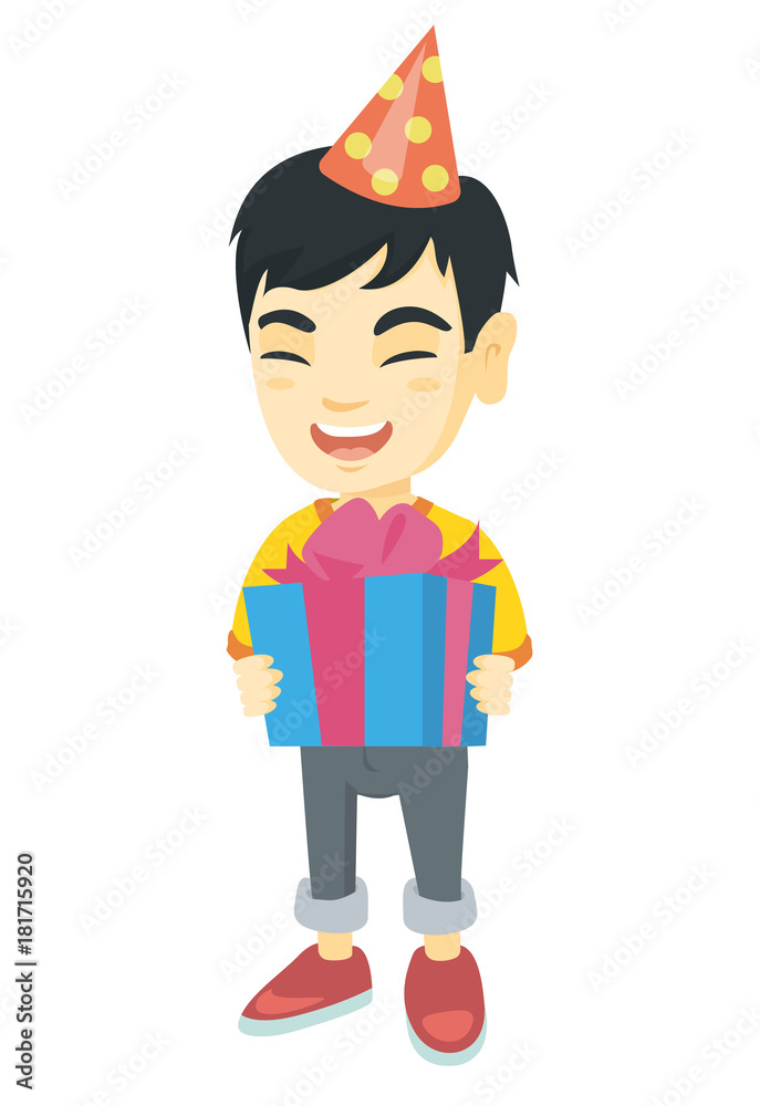Asian happy smiling boy in birthday cap holding gift box. Full length of cheerful little boy with gift box. Vector sketch cartoon illustration isolated on white background. Asian happy smiling boy in birthday cap holding gift box. Full length of cheerful little boy with gift box. Vector sketch cartoon illustration isolated on white background.