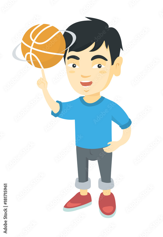 Young asian cheerful boy spinning a basketball ball on his finger. Happy little boy playing basketball. Vector sketch cartoon illustration isolated on white background. Young asian cheerful boy spinning a basketball ball on his finger. Happy little boy playing basketball. Vector sketch cartoon illustration isolated on white background.