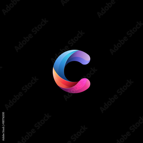 Initial lowercase letter c, curve rounded logo, gradient vibrant colorful glossy colors on black background