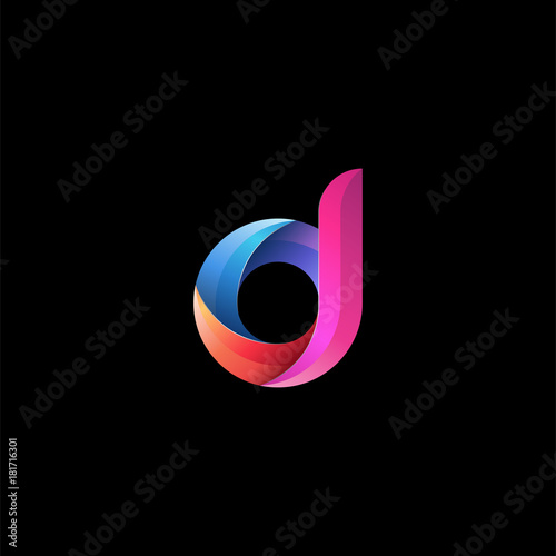 Initial lowercase letter d, curve rounded logo, gradient vibrant colorful glossy colors on black background photo