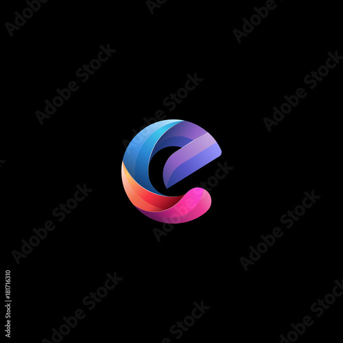 Initial lowercase letter e, curve rounded logo, gradient vibrant colorful glossy colors on black background photo