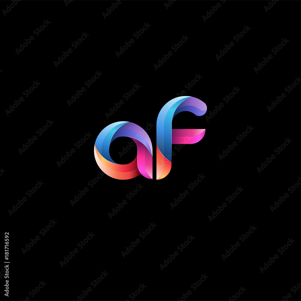 Initial lowercase letter af, curve rounded logo, gradient vibrant colorful glossy colors on black background