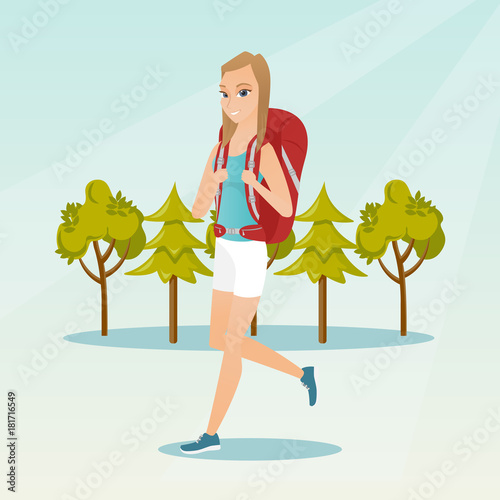 Young caucasian white backpacker with a backpack walking outdoor. Cheerful backpacker hiking in the forest during summer trip. Vector cartoon illustration. Square layout.