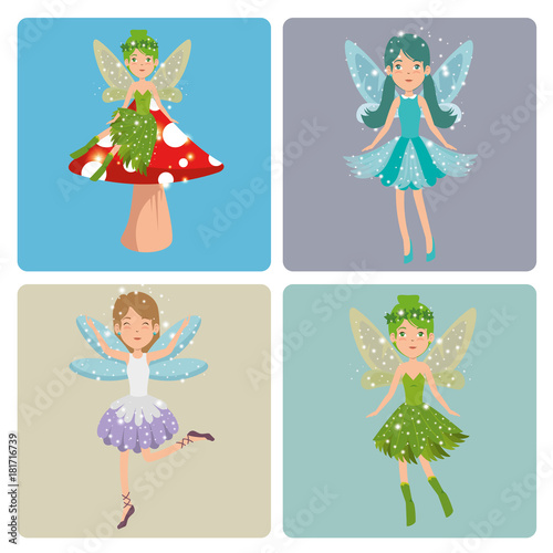 set of sweet and cute fairies cartoon vector illustration graphic design
