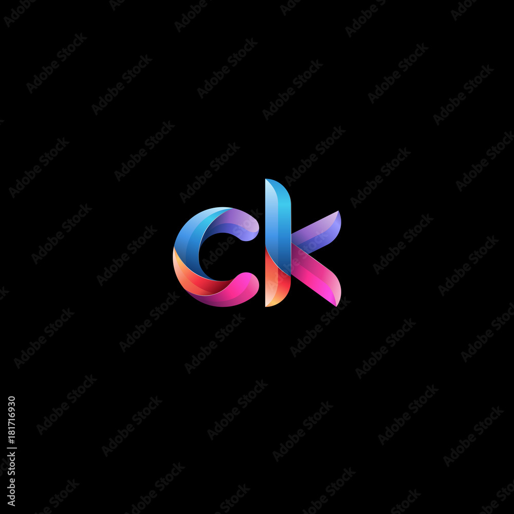 Initial lowercase letter ck, curve rounded logo, gradient vibrant colorful glossy colors on black background