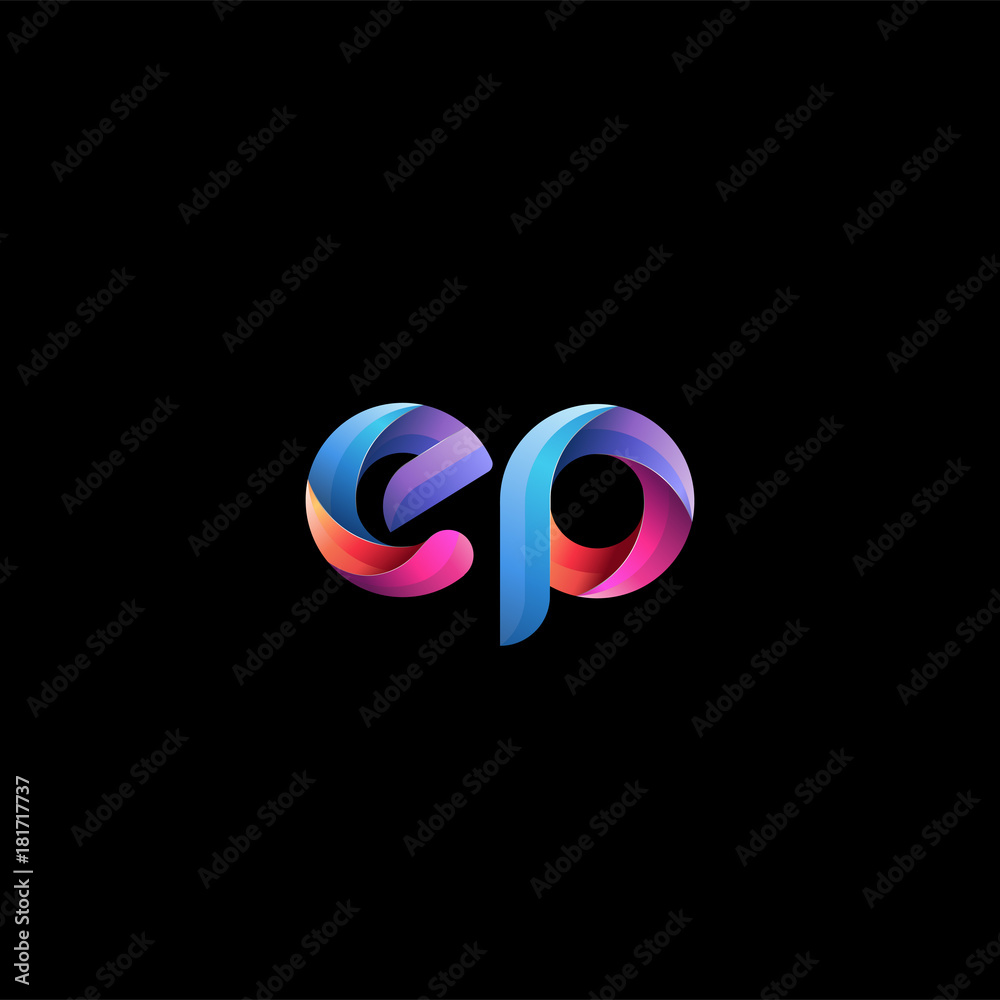Initial lowercase letter ep, curve rounded logo, gradient vibrant colorful glossy colors on black background