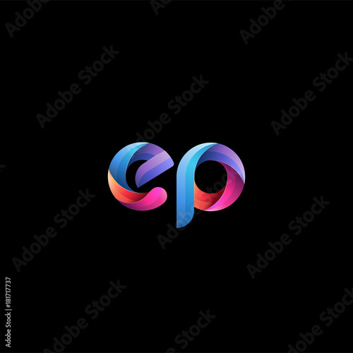 Initial lowercase letter ep, curve rounded logo, gradient vibrant colorful glossy colors on black background