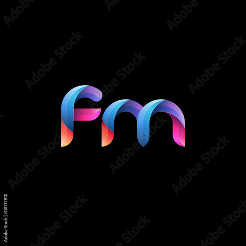 Initial lowercase letter fm, curve rounded logo, gradient vibrant colorful glossy colors on black background
