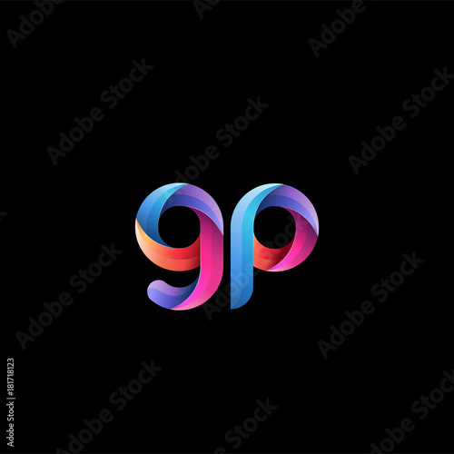 Initial lowercase letter gp, curve rounded logo, gradient vibrant colorful glossy colors on black background