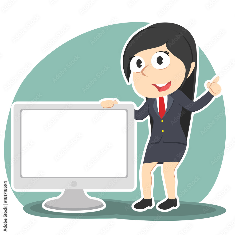 Businesswoman presenting big blank monitor– stock illustration