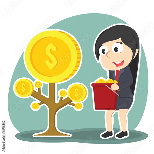 Businesswoman harvesting coin tree– stock illustration