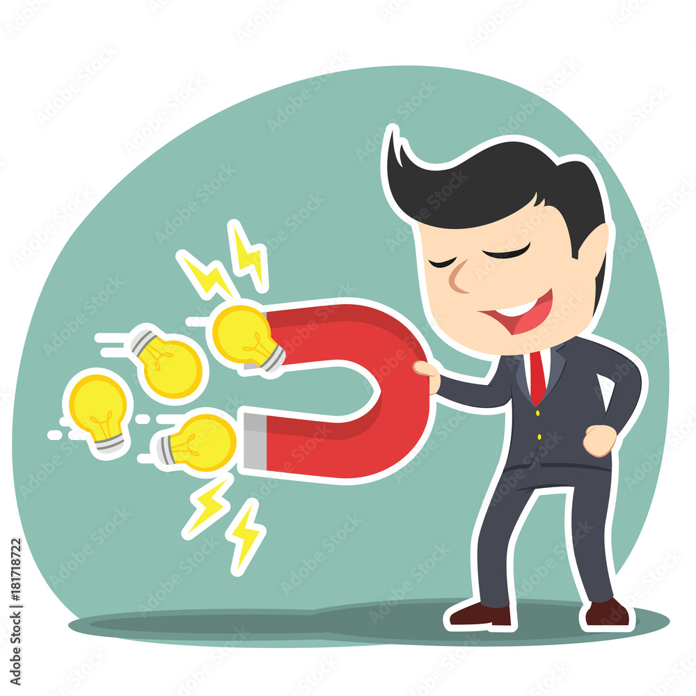 Businessman using magnet to attract ideas– stock illustration