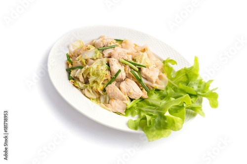 Fried Rice Noodles with Chicken isolated on white background.